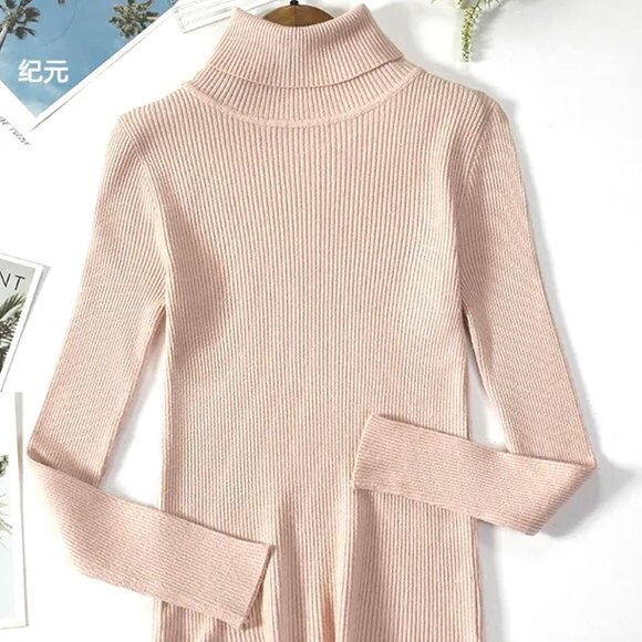 BLUSH ONE SIZE LIGHTWEIGHT LONG SLEEVE FINE RIBBED TURTLENECK SWEATER - Picture 1 of 1